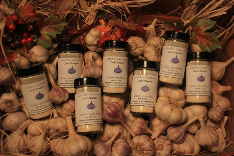 7 garlic powder shakers on a bed of garlic